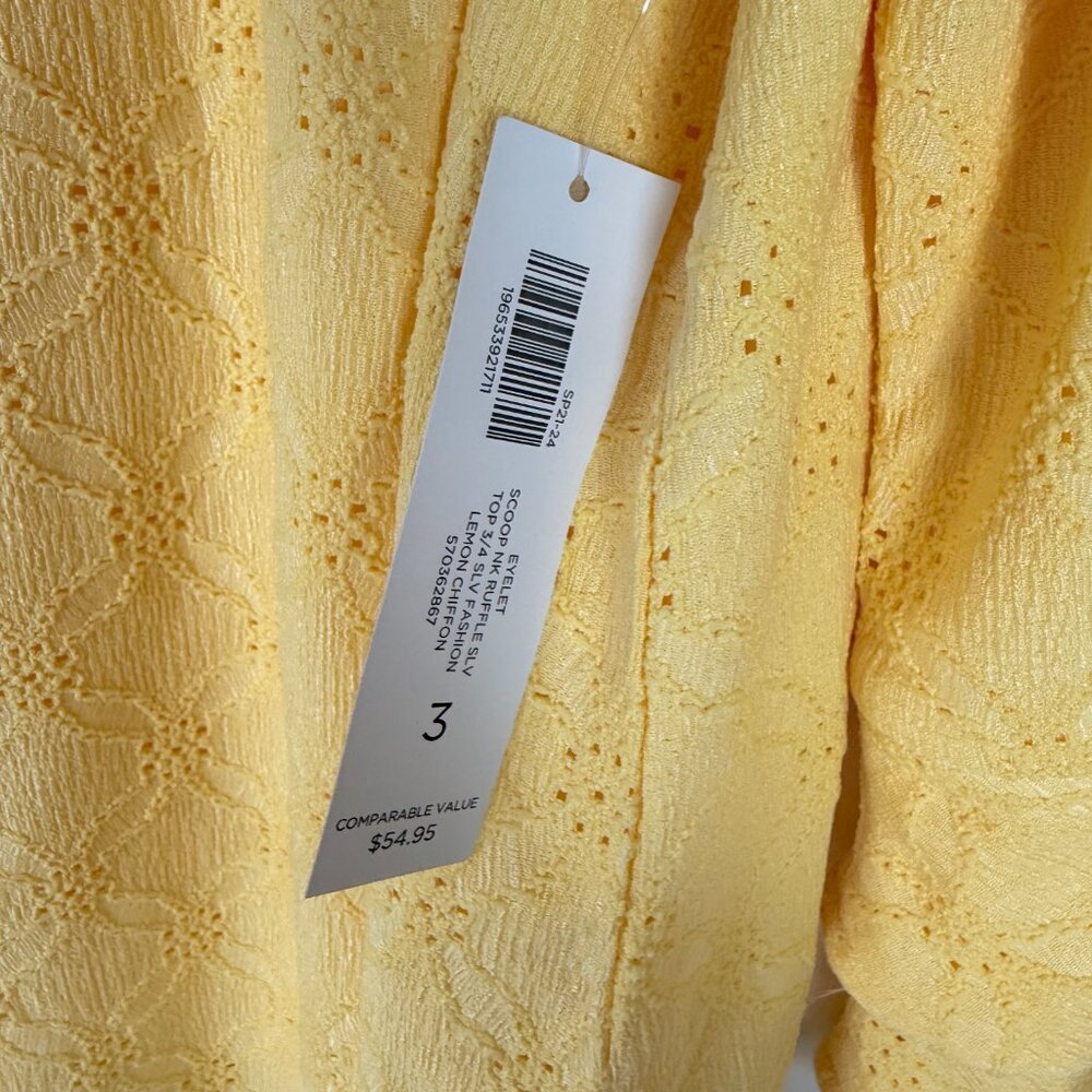 NWT Chico's Eyelet Scoop Neck Ruffle Sleeve Top 3/4 Lemon Chiffon Size XL NEW - Picture 3 of 9